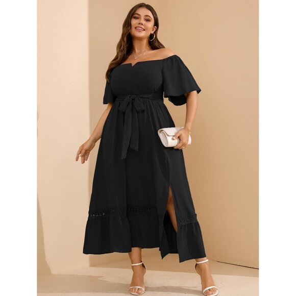 Women's Plus Size Maxi Dress Off Shoulder V Neck Wedding Guest Formal Dress - Picture 2 of 7